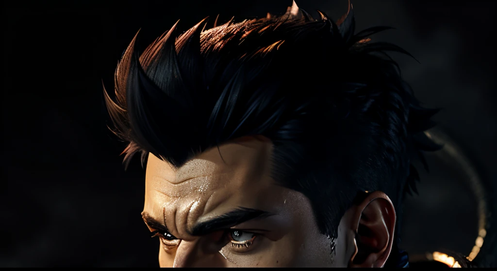 close-up of a man with a mohawk on a black background, The Dark Pit, Drawn with Photoshop, profile shot, The Sandman from the graphic novel, handsome guy in demon slayer art, Supergiant Aida, Dark, But detailed digital art, The Devil Man, shadowy and eerie...