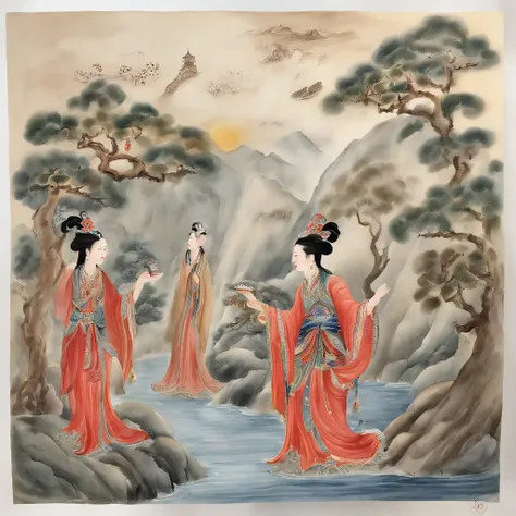 Chinese creation mythological scene, 5 characters in total：Female fairy，Raise both hands，tilt to the sky，Colorful fairy skirt，Hands holding colorful sacred stones，There is a hole in the sky。Ancient Chinese mythological environment，4 Extreme details，Chinese...