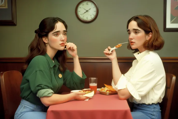 1995, Boston, Massachusetts. Pre-raphaelite ((((40-year-old)) Jennifer Connelly)), having lunch with her ((old grandfather)), restaurant, ((happy)), ((((casual Clothing from the 1990s)))) ((Hairstyle of the 1990s)), ((Wes Anderson cinematic style)), colorf...