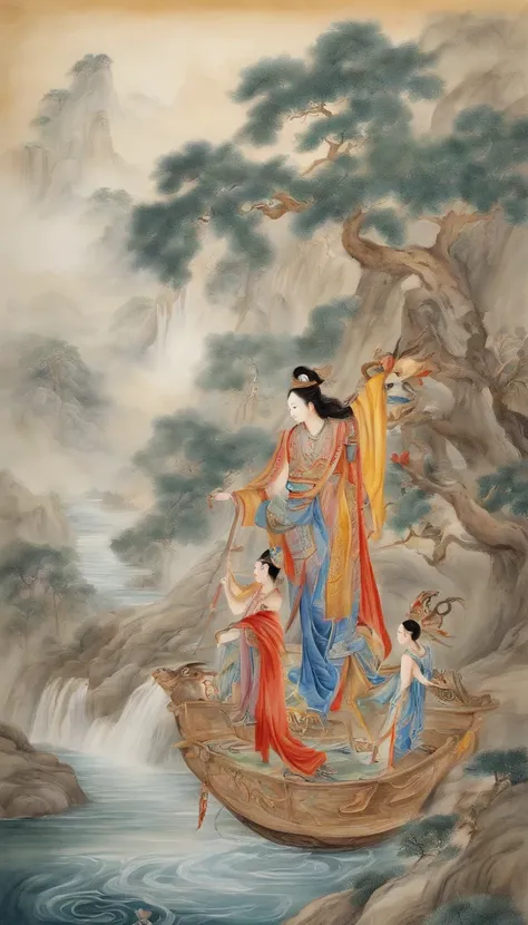 Chinese creation mythological scene, 5 characters in total：Female fairy，Raise both hands，tilt to the sky，Colorful fairy skirt，Hands holding colorful sacred stones，There is a hole in the sky。Ancient Chinese mythological environment，4 Extreme details，Chinese...