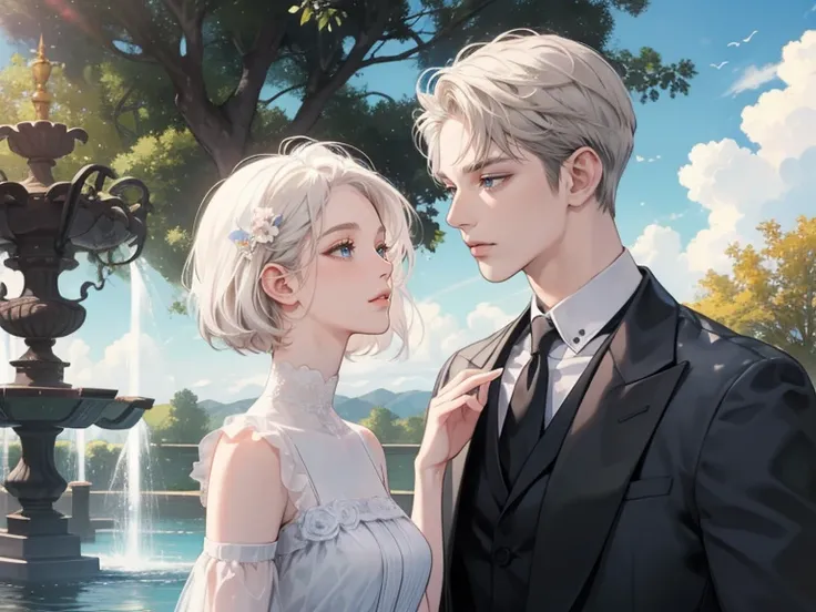 couple, 1 man 1 woman, different hair color, extremely detailed face, ((woman with short white hair, blue eyes)), man with short platinum blonde hair and dark grey eyes, face to face, 25 years old, , (woman wears a summer dress and holds a flower), (man we...