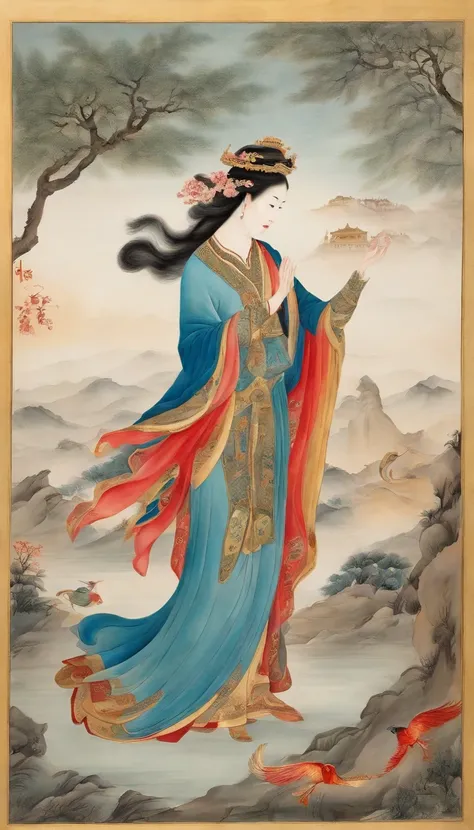 Chinese creation mythological scene, 5 characters in total：Female fairy，Raise both hands，tilt to the sky，Colorful fairy skirt，Hands holding colorful sacred stones，There is a hole in the sky。Ancient Chinese mythological environment，4 Extreme details，Chinese...