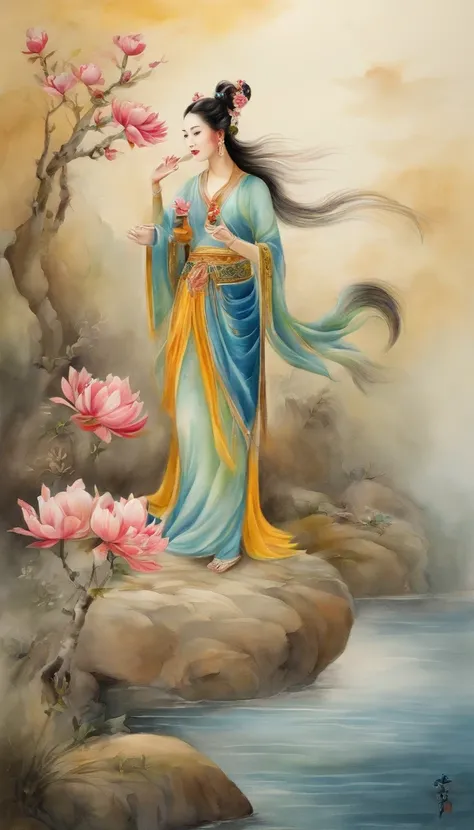 Chinese creation mythological scene, 5 characters in total：Female fairy，Raise both hands，tilt to the sky，Colorful fairy skirt，Hands holding colorful sacred stones，There is a hole in the sky。Ancient Chinese mythological environment，4 Extreme details，Chinese...