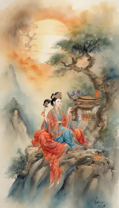 Chinese creation mythological scene, 5 characters in total：Female fairy，Raise both hands，tilt to the sky，Colorful fairy skirt，Hands holding colorful sacred stones，There is a hole in the sky。Ancient Chinese mythological environment，4 Extreme details，Chinese...