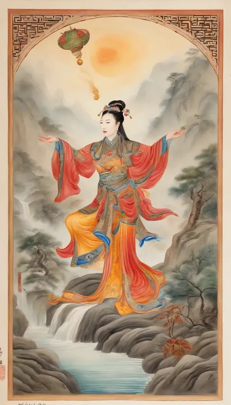 Chinese creation mythological scene, 5 characters in total：Female fairy，Raise both hands，tilt to the sky，Colorful fairy skirt，Hands holding colorful sacred stones，There is a hole in the sky。Ancient Chinese mythological environment，4 Extreme details，Chinese...