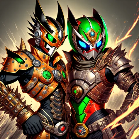 metal  steampunk masked of Kamen Rider Bujin W : CycloneJoker the primary default form in All Riders vs. Dai-Shocker and the first form utilized. colored L-side half green and R-side half black from the Cyclone and Joker Memories, CycloneJoker Doubles defa...