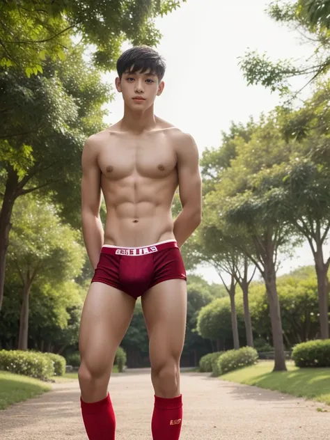 16 years old teenagers , very young , light-skin , wearing an dark red sexy underwear, tmasterpiece，k hd，the feet，Transparent sports vest，semi transparent，black long socks，The barefoot , red colour , handsome and cute , extreme cute boy , white skin , dark...