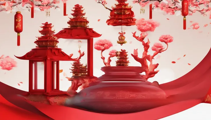 Very beautiful red lantern 3D，Chinese New Year scene，Large depth of field perspective，NOhumans，Vivid effects and details，Excellent picture quality，A high resolution