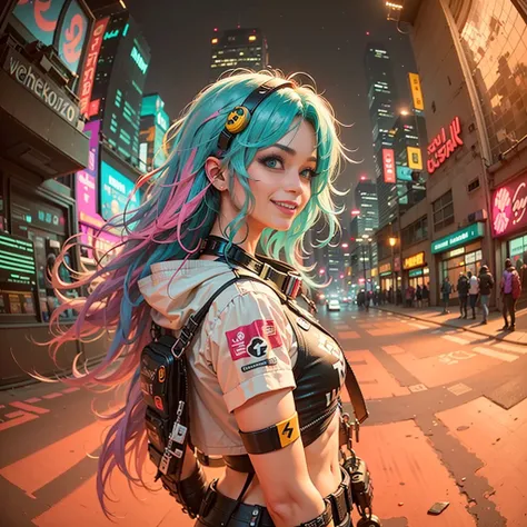 cyberpunk girls wearing colorful Harajuku style pop outfit)), ((((fisheye lens)))), cowboy shot, wind, messy hair, ((cyberpunk 2077 cityscape)), (cyberpunk aesthetics and atmosphere:1.3), bright colors, smiling, ((cinematic lighting))