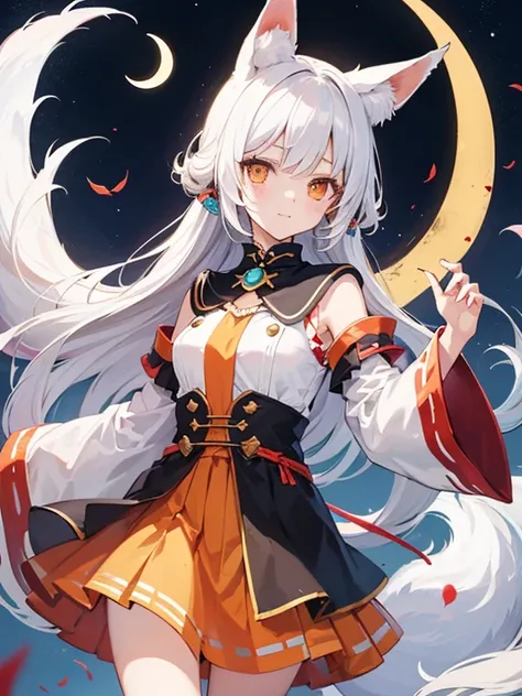 (masutepiece:1.2,High quality), 1girl in, White hair, long, Fox ears, Orange eyes, kawaii, Crescent moon in the background, Moe Sleeve, Fox sign