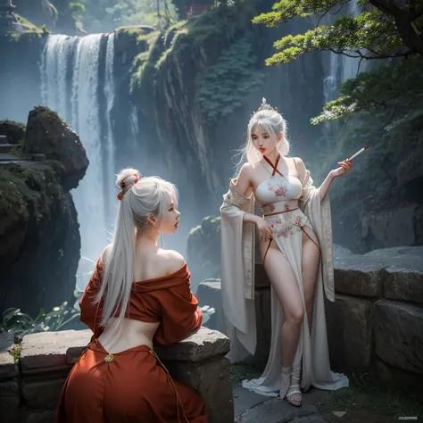 ancient Chinese style mythology，Fantasy novels，Beautiful CG monk，Chinese woman，White-haired witch，faeries，Large breasts ，Big butt smoking cigarette，Ultra HD Wallpapers Best Quality, 4K, 8K, A high resolution, tmasterpiece:1.2), ultra - detailed, 18