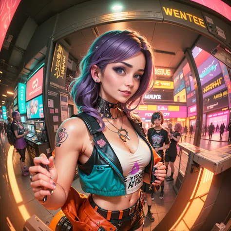 ((cyberpunk girls wearing colorful Harajuku style pop outfit)), ((((fisheye lens)))), cowboy shot, wind, purple hair, ((cyberpunk 2077 cityscape)), (cyberpunk aesthetics and atmosphere:1.3), bright colors, smiling, ((cinematic lighting)