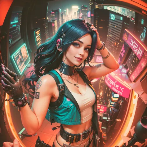 ((cyberpunk girls wearing colorful Harajuku style pop outfit)), ((((fisheye lens)))), cowboy shot, wind, purple hair, ((cyberpunk 2077 cityscape)), (cyberpunk aesthetics and atmosphere:1.3), bright colors, smiling, ((cinematic lighting)