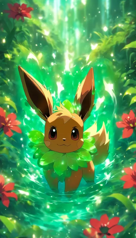 Eevee, sea green in color with dark green spots, Crimson eyes, and a large green flower bulb on its back, masutepiece, Best Quality