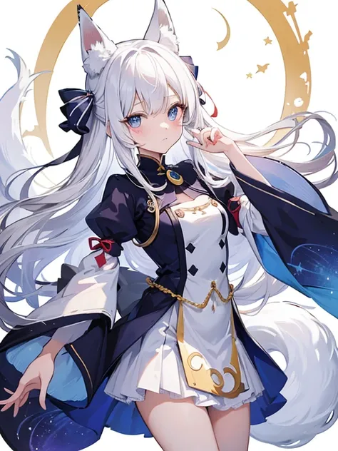 (masutepiece:1.2,High quality), 1girl in, White hair, long, Fox ears, blue eyess, kawaii, Crescent moon in the background, Moe Sleeve, Shape a fox hand