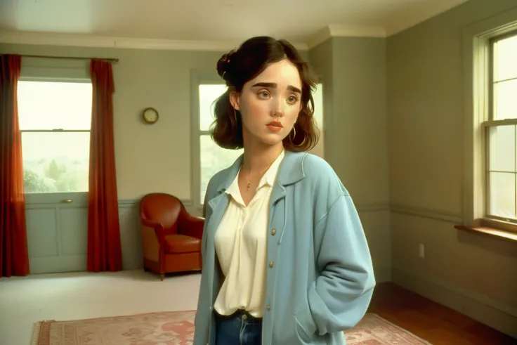 1995, Woodfield, Massachusetts. Pre-raphaelite ((((40-year-old)) Jennifer Connelly)), inside an (((empty))) unfurnished old house, ((happy)), ((((casual Clothing from the 1990s)))) ((short Hairstyle of the 1990s)), ((Wes Anderson cinematic style)), colorfu...