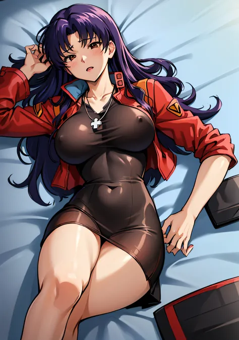 (masutepiece),(Best Quality), Katsuragi Misato, 、Colossal tits、See-through black dress,Seductive underwear、Sleeping in bed、 Spread your legs apart、Brown eyes,  Cross Necklace,  Red jacket,  Close, Outside,  Persistent stare, Sharp eyes, Spread your legs ap...