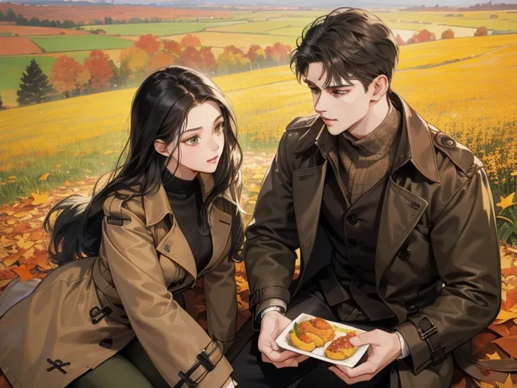 couple, 1 man 1 woman, extremely detailed face, ((woman with long black hair, dark green eyes)), man with short curly dark hair and dark brown eyes, 25 years old, (woman wears autumn outfit), (man wears a brown trench coat, black pants), boy is taller, hav...