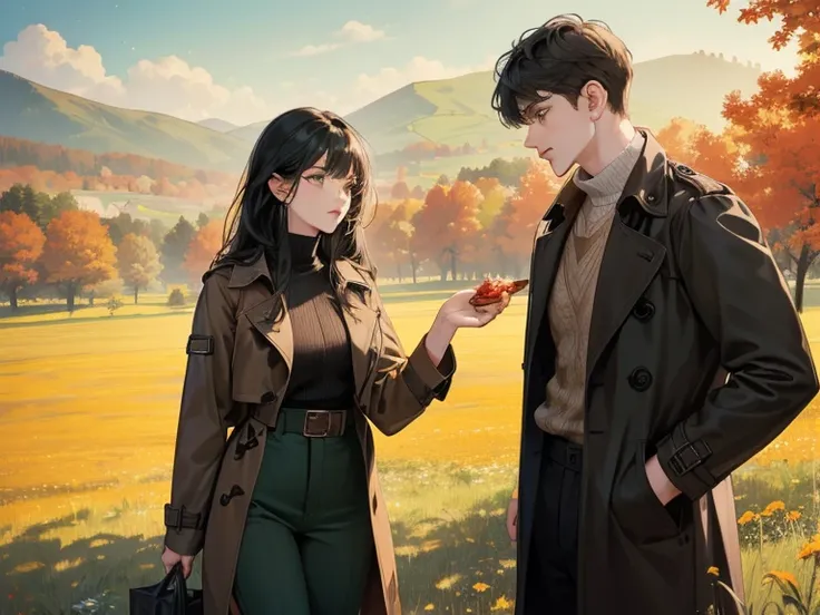 couple, 1 man 1 woman, extremely detailed face, ((woman with long black hair, dark green eyes)), man with short curly dark hair and dark brown eyes, 25 years old, (woman wears autumn outfit), (man wears a brown trench coat, black pants), boy is taller, hav...