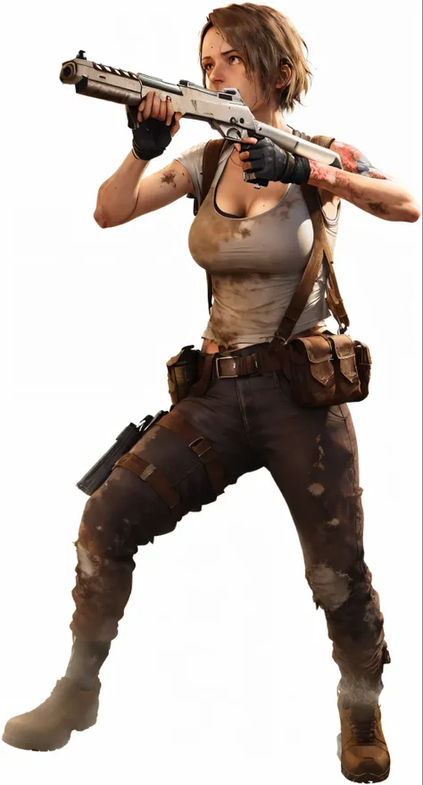 woman holding gun in hands, GameCG,Ellie (The last survivor),worn-out clothing，in an apocalyptic environment, ultraclear，8K，A lot of detail，