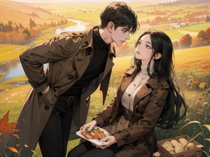 couple, 1 man 1 woman, extremely detailed face, detailed eyes ((woman with long black hair, dark green eyes)), man with short curly dark hair and dark brown eyes, 25 years old, (woman wears autumn outfit), (man wears a brown trench coat, black pants), boy ...