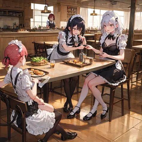 Family restaurant, 2 people in maid clothes, black bra, black bra pulling, sitting