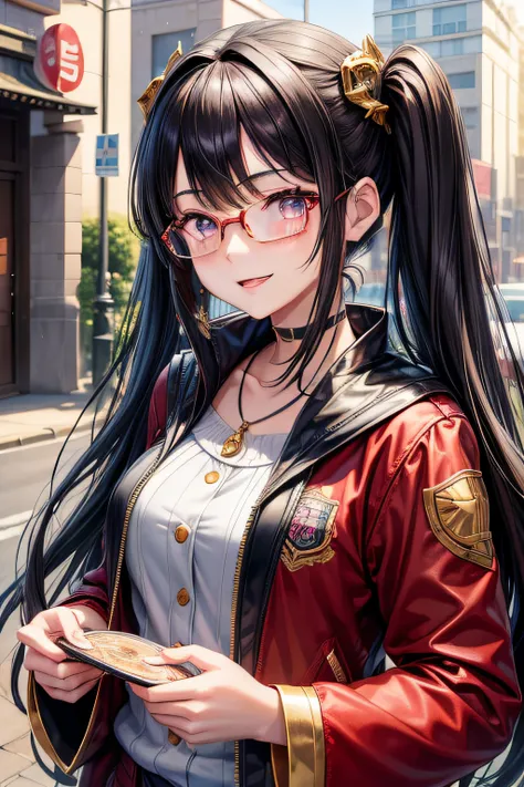 masterpiece, best quality, 1girl, solo, ((mature female)), round pupils, twintails long hair, , princess, red jacket, fantasy, happy, looking at viewer, cartoon, anime, black hair, purple eyes, gold ornament hair, the best smile, black half frame glasses, ...