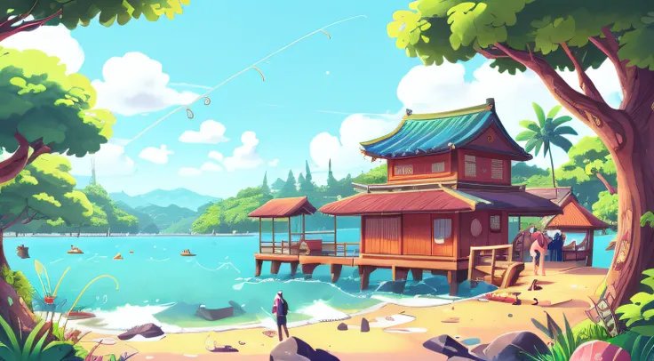 An Asian fishing jetty, anime style background.