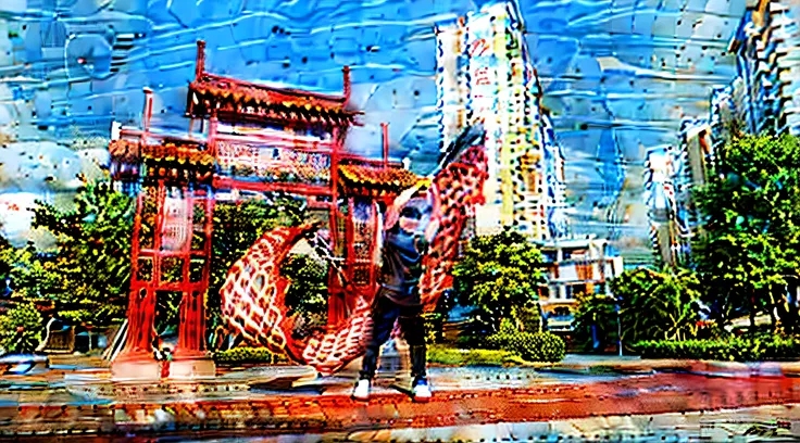 A person stands in front of the red archway, chinese ribbon dance, china silk 3d dragon, chinese artist, inspired by Guan Daosheng, Inspired by Lu Guang, Celebrating Chinese New Year in Shanghai, Inspired by Cao Buxing, china idol, Inspired by Huang Ding, ...