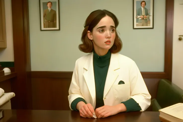 1995, Woodfield, Massachusetts. Pre-raphaelite ((((40-year-old)) Jennifer Connelly)), doctor, inside a rural doctors office, ((happy)), ((((casual Clothing from the 1990s)))) ((short Hairstyle of the 1990s)), ((Wes Anderson cinematic style)), colorful