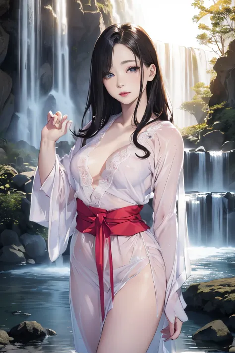 (((Standing in the middle of a waterfall on a moonlit night))),((beautiful woman standing in the middle of the pond:1)),((Beautiful half-naked woman in a beautiful waterfall basin)), ((Sharp bewitching eyes))、((A sexy))、(((See through Japanese nightgowns:1...