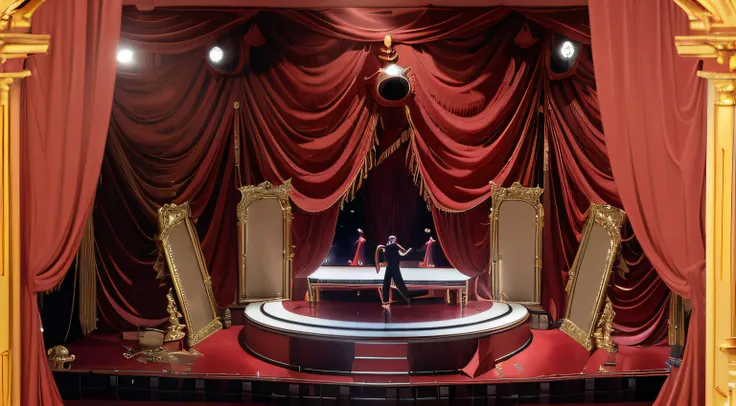 european theater，Red curtain，Gold border，Girls dancing on stage，There are many mirrors on the stage