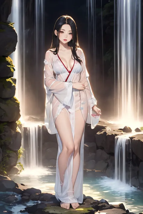 (((Standing in the middle of a waterfall on a moonlit night))),((beautiful woman standing in the middle of the pond:1)),((Beautiful half-naked woman in a beautiful waterfall basin)), ((Sharp bewitching eyes))、((A sexy))、(((See through Japanese nightgowns:1...