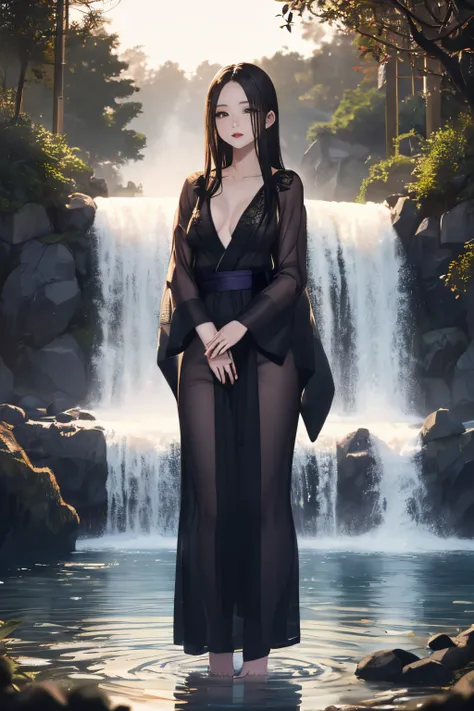 (((Standing in the middle of a waterfall on a moonlit night))),((beautiful woman standing in the middle of the pond:1)),((Beautiful half-naked woman in a beautiful waterfall basin)), ((Black Sexy Nightgown:1)), ((Sharp bewitching eyes))、((Obscene atmospher...