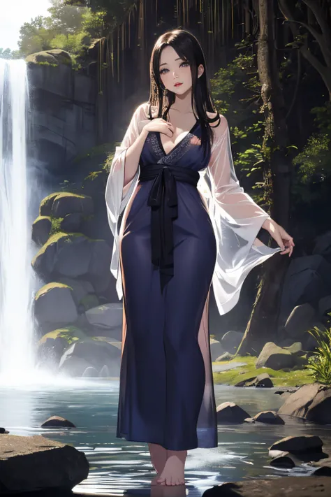 (((Standing in the middle of a waterfall on a moonlit night))),((beautiful woman standing in the middle of the pond:1)),((Beautiful half-naked woman in a beautiful waterfall basin)), ((Black Sexy Nightgown:1)), ((Sharp bewitching eyes))、((Obscene atmospher...