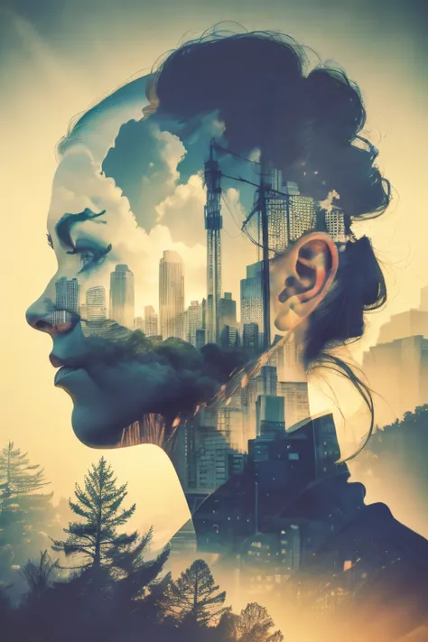 Mountains, forests and grasslands, Foggy cityscape in the distance，1 very beautiful girl，城市: 0.33，Immerse yourself in the immense wind current，living in white clouds，behind the clouds，(double exposure: 1.5)，photography of：Brandon Woelfelmist，Surreal dreams...