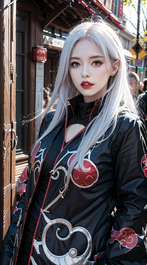 Best quality, masterpiece, high resolution, (perfect body shape), 1girl, detailed face, red lips, white hair, AKATSUKI OUTFIT, ninja, black cloak, black coat, sharingan eyes