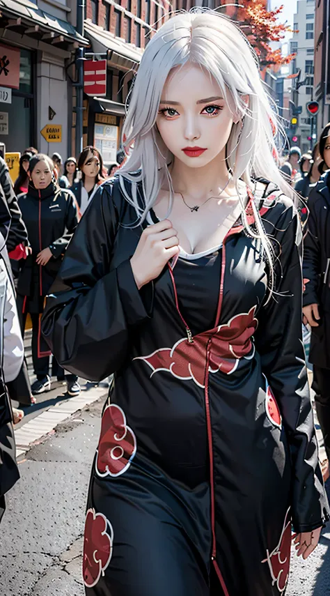 Best quality, masterpiece, high resolution, (perfect body shape), 1girl, detailed face, red lips, white hair, AKATSUKI OUTFIT, ninja, black cloak, black coat, sharingan eyes