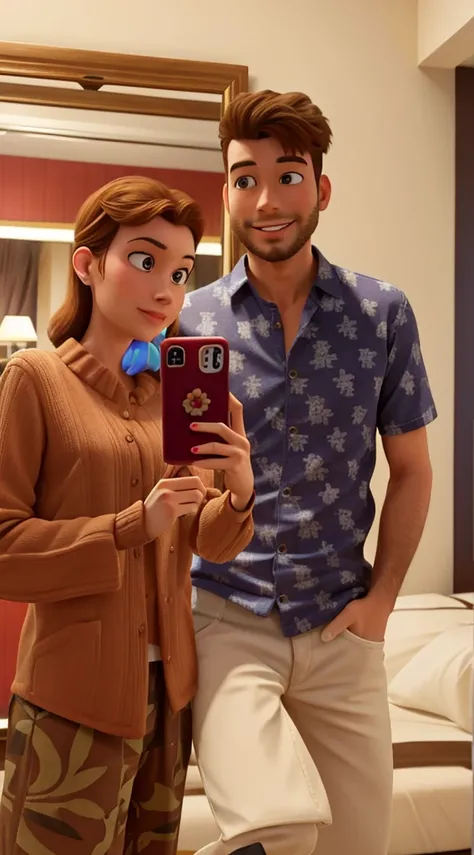 there is a man and woman taking a selfie in a hotel room in front of a mirror.Disney Pixar cartoon type A