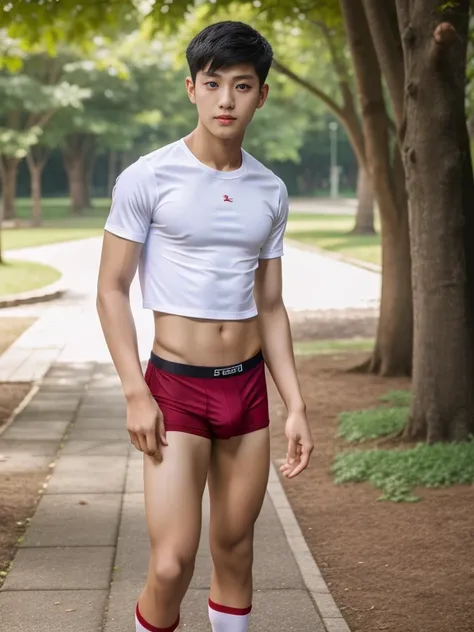 16 years old teenagers , very young , light-skin , wearing an dark red sexy underwear, tmasterpiece，k hd，the feet，Transparent sports vest，semi transparent，black long socks，The barefoot , red colour , handsome and cute , extreme cute boy , white skin , dark...