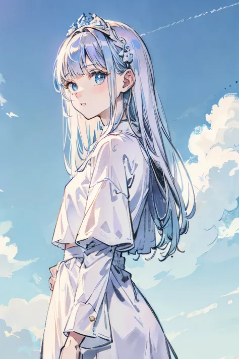 ReZero, Emilia, White clothes, Long straight hair, blue sky background