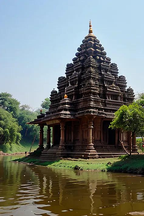 Create an image of north Indian temples on the river bank