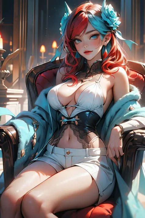 (Top image quality)、(8K picture quality)、(masutepiece)、(Red-haired:1.5)、(Light shining)、(Sit in a plush chair:1.5) lesbian、very large areola、breastfeeding breasts、Colossal tits、Breast milk comes out、full body Esbian、mega gigantic tits、cinematric light, Cin...