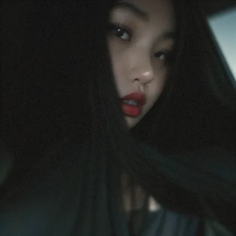 woman with red lips and black shirt, blackpink jennie, Close-up portrait movie still, from me, gongbi, obscured face, Douban, low quality photo, faint red lips, pov photo, Dark photos, Grainy photo of an ugly woman, grainy low quality, blurry photo, guweiz...