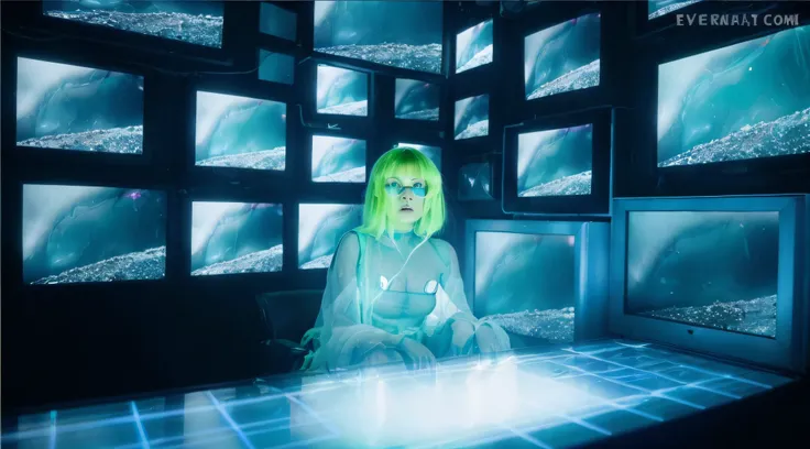 Green-haired Arafad woman sitting in front of TV wall, Inspired by David LaChapelle, Hito Steyer, Still from music videos, Grimes, looks like a mix of grimes, cyber aesthetic, 2049, dirt-like mixture, Elle Fanning as robot, Scenes from the movie Prometheus...