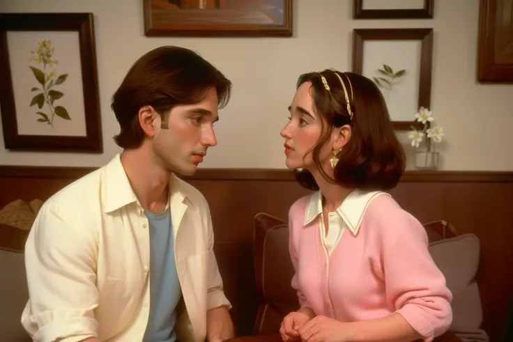 1995, Berkshire, Massachusetts. Pre-raphaelite ((((43-year-old)) Jennifer Connelly)), home, with (David Markus), on a romantic date, ((happiness look, in love)), ((((casual Clothing from the 1990s)))) ((short Hairstyle of the 1990s)), ((Wes Anderson cinema...