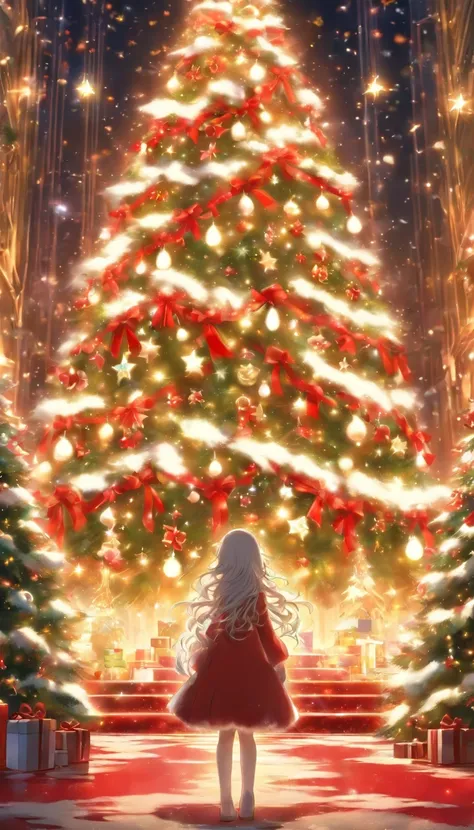 A bright white Christmas tree in the center、woman standing in front of a christmas tree、I cant see my face、Rear view、A thin red carpet is laid out underfoot.、