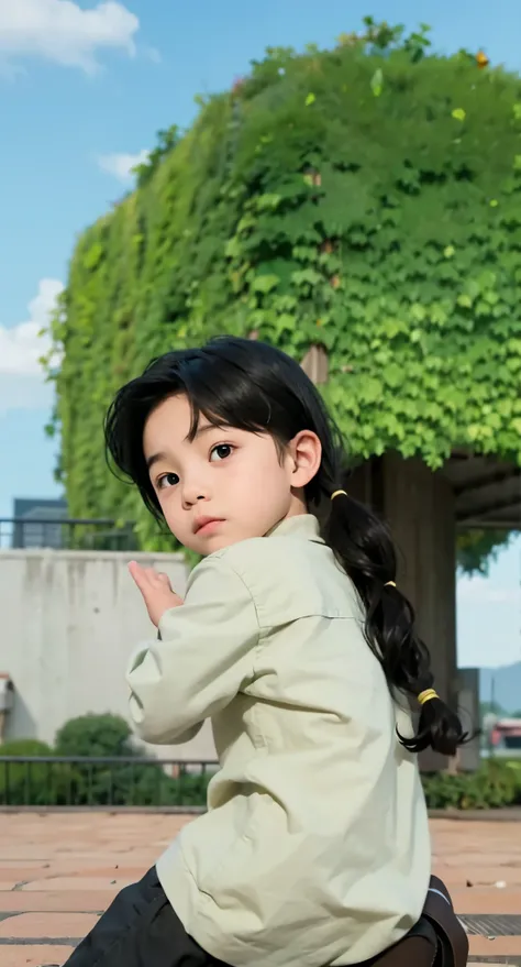 Real life adaption of this character ,The handsome face of a little boy, realistic exactly same hair , (realistic same outfit), realistic background , realistic light, realistic shadow, realism, hyper realistic,(photorealistic:1.2), normal small eyes,