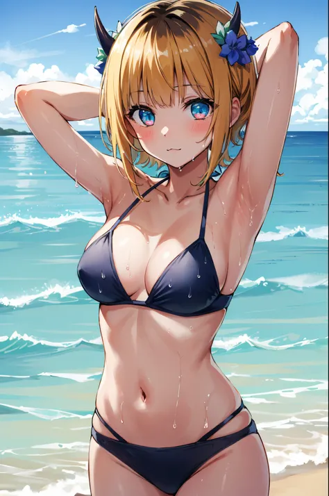 1girl, memcho, blonde hair, blue eyes, blunt bangs, demon horns, fake horns, horns, short hair, (blush:1.1),
BREAK string bikini, (blue bikini:1.2), medium breasts, Naked, Exposed skin, (Wet skin:1.3), (arms behind head, armpits), standing,
BREAK (sea:1.2)...