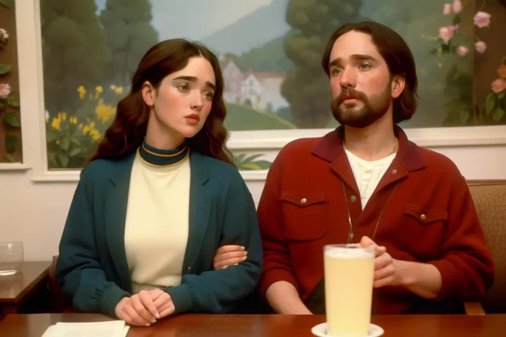 1995, Berkshire, Massachusetts. Pre-raphaelite ((((43-year-old)) Jennifer Connelly)), home, with (David Markus), on a romantic date, ((happiness)), ((((casual Clothing from the 1990s)))) ((short Hairstyle of the 1990s)), ((Wes Anderson cinematic style)), c...